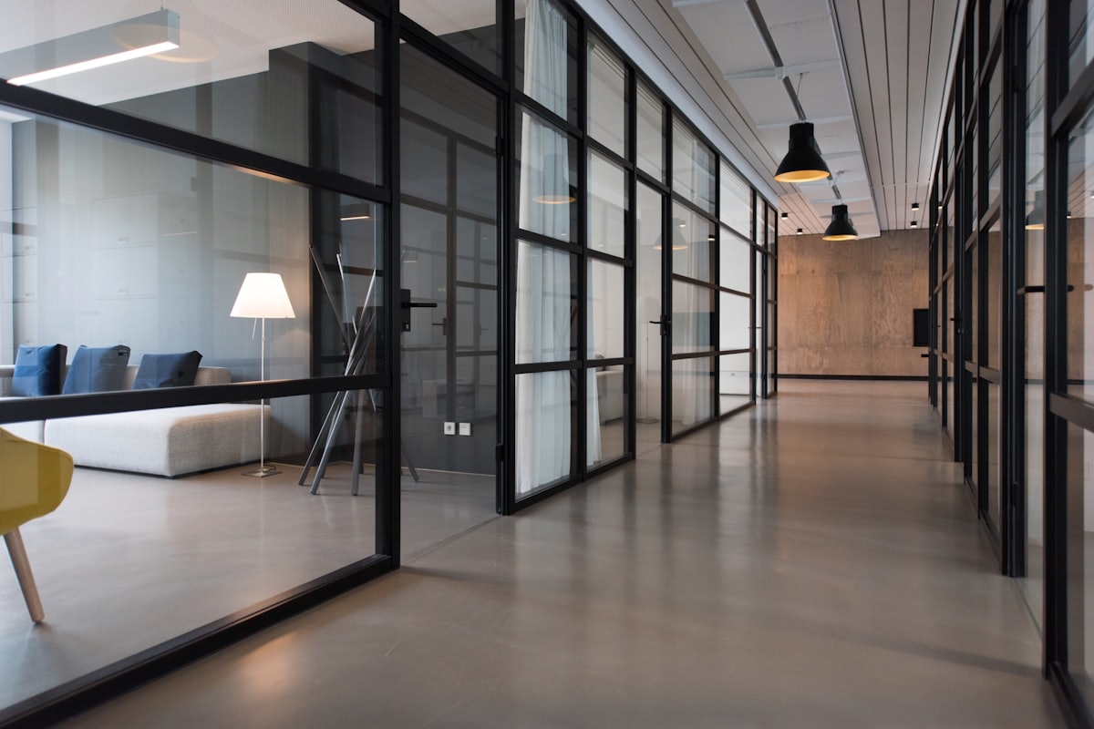 Commercial office interior with desks and chairs
